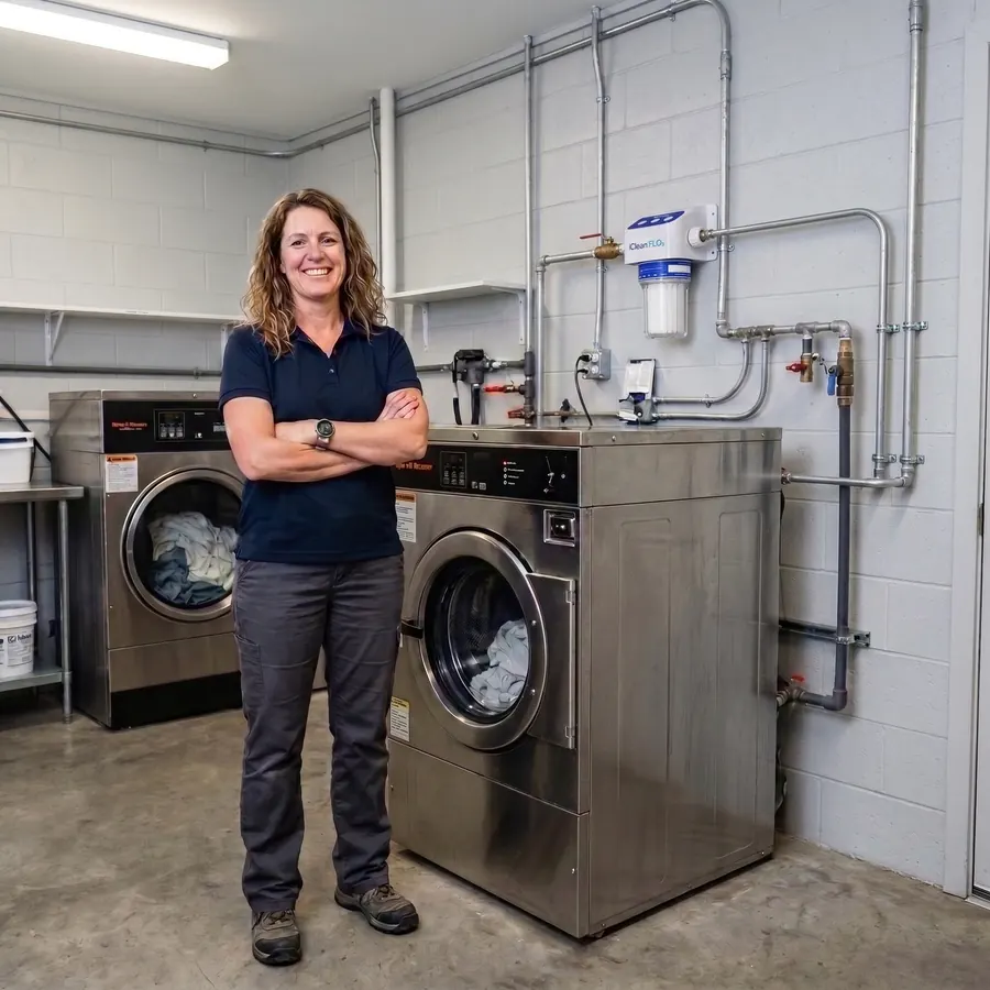 Staff member next to a commercial washer with iClean FLO3